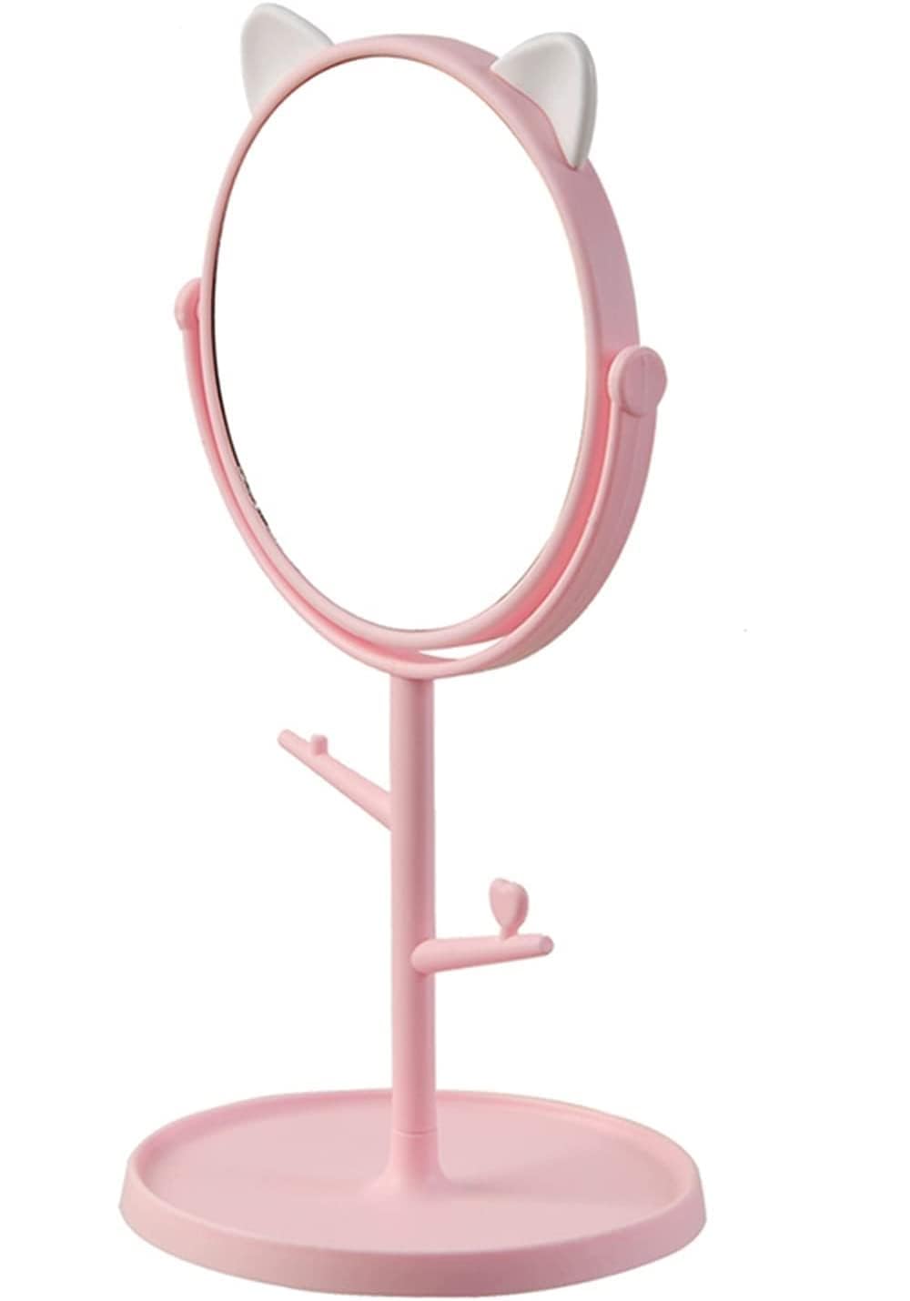 RIVAAN Makeup Mirror: Standing Rotatable Cat-Ears Makeup Mirror with Organizer - Desktop Beauty Tool (Pink, Set of 1)-image-13
