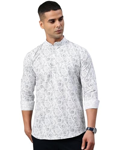 Image of Majestic Man Men's Pure Cotton Printed Mandarin Collar Regular Fit Roll-Up Sleeves Short Kurta