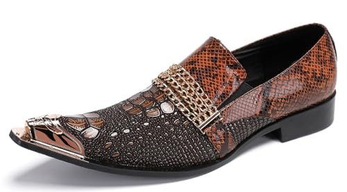 Santimon Men's Dress Loafers, Leather Slip-On Gold Chain Sparkling Shoes for Men -Party Disco Wedding Metallic Tip Smoking Slippers