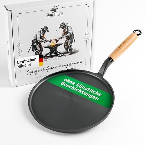 GussHof® Schwere Gusseisen Crepes Pfanne 26cm – 2,4kg - kompatibel mit allen Herdarten, Präzisionsoberfläche, langlebig, abnehmbarer Buchenholzgriff