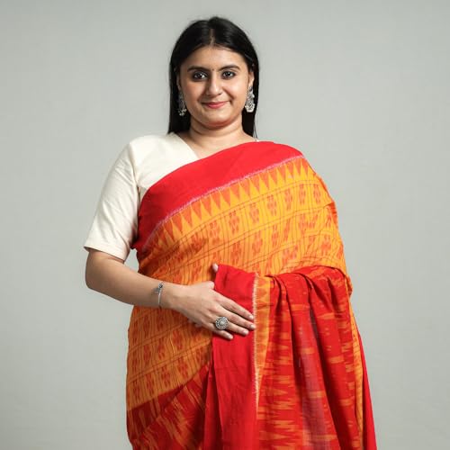 Image of Ikat Women's Pure Cotton Saree Traditional Craftsmanship Double Ikat Weaving Floral Handmade Ethnic Saree without Blouse Piece