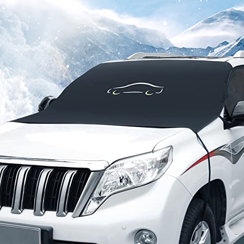 Cosyzone Car Windshield Snow Cover, Extra Large Windproof Cover for Winter Ice and Snow Frost, 600D PVC Coated Polyester Fabric for Any Weather, Waterproof Outdoor Covers Fits Most Cars