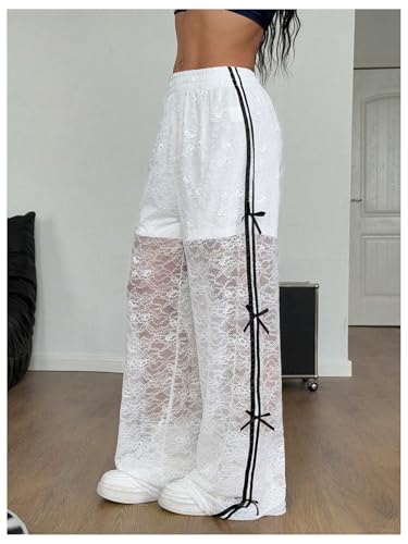 SOLY HUX Women's Lace Wide Leg Pants Y2k Bow Elastic High Waisted Baggy Pants Sheer Long Trousers3