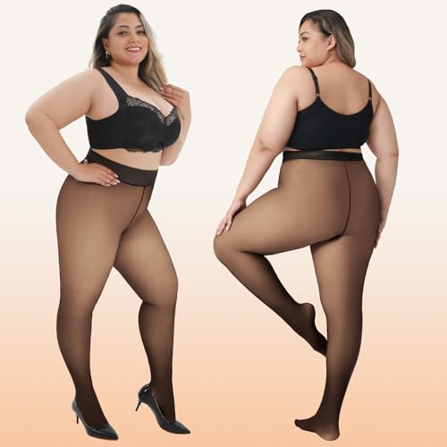 Image of WiliW Plus Size Fleece Lined Tights for Women, Sheer Winter Warm High Waist Thermal Tights Fake Translucent