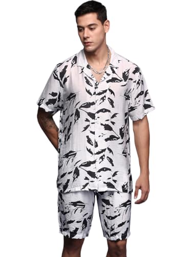 Image of SHOWOFFFF Men Abstract Two-Piece Co Ords | Cuban Collar Half Sleeves Cotton Co-Ords for Mens | Mid-Rise Relaxed Fit Knee Length Co-Ord for Men's