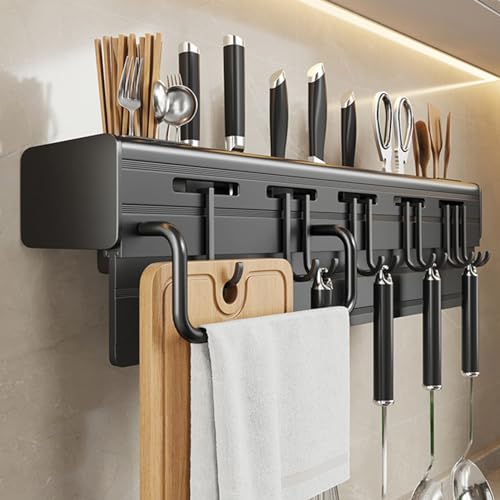 YOtat Multifunctional Kitchen Wall Storage Rack with Wall Hanging Utensil Holder Hooks for Kitchen, Black All-in-One Kitchen Wall Organizer, 50cm