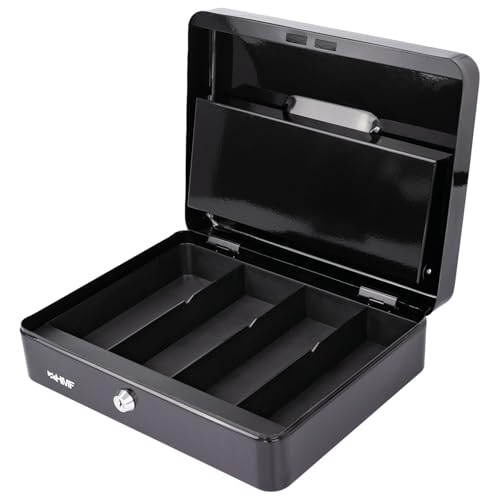 HMF Geldkassette abschließbar, Kasse mit 8 Münzfächern und 4 Geldscheinmulden, 30 x 24 x 9 cm | schwarz
