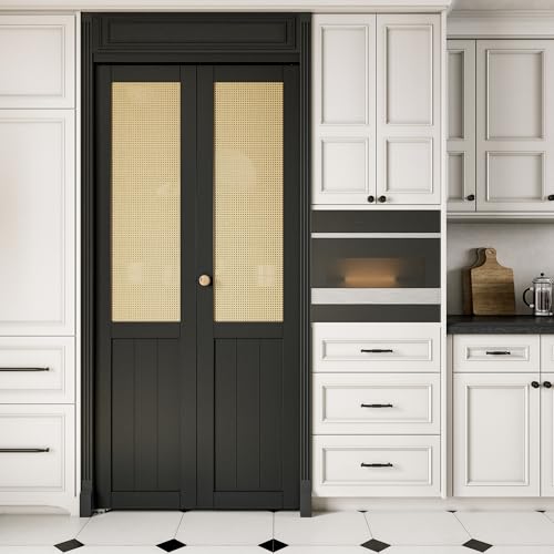 JUJUBON 36\" x 80\" Rattan Bifold Closet Door, Cane Webbing Wood Interior Door Slab, Build Quality Black Folding Barn Doors with Hardware, Fascia & Knob, Black