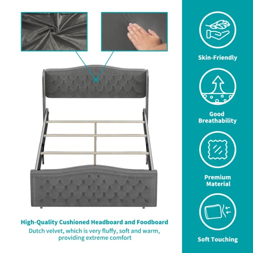 Balus Full Wingback Bed Frame With Headboard,Upholstered Platform Bed Frame Dutch Velvet Upholstered Bed，Modern Design，Available In 3 Sizes And 3 Colors Panel Bed Frame (Dark Gray) #TOP5
