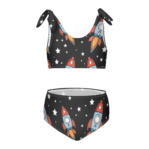 Girls' Bikini Set, Spaceship Cartoon Character Seamless Pattern Kids Swimsuit 2 Pcs Beach Bathing Suit