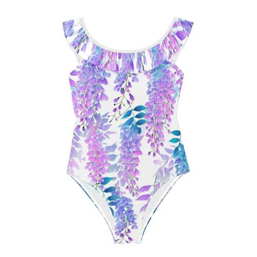 Maillot de bain fille à fleurs de glycine rose et bleu avec de jolies bretelles volantées
