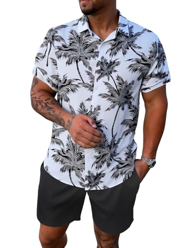 Image of Yimoon Men's Summer 2 Piece Outfits Tropical Print Short Sleeve Button Down Hawaiian Beach Shirt and Shorts Set