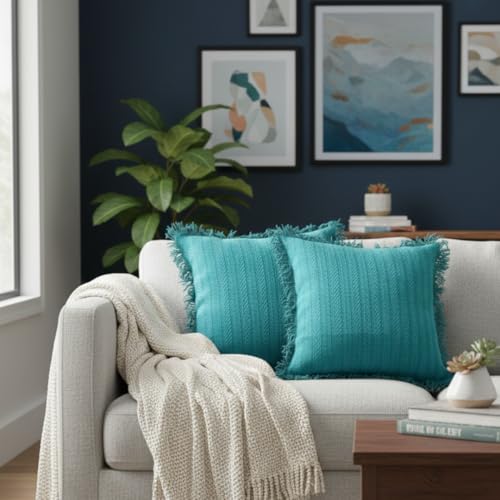 Image of Navy Blue Cushion Covers - 16x16 Inch | Set of 2 | Hand-Woven Fringed Cotton Decorative Covers for Sofa, Living Room & Bedroom Decor | Square Shape Cushion Cases