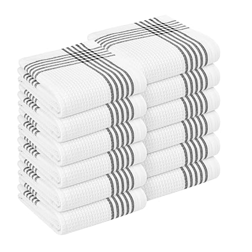 HEIRLOOM COMFORT Lot de 12 torchons de cuisine noirs et blancs, 40,6 x 66 cm, 100 % coton gaufré,...