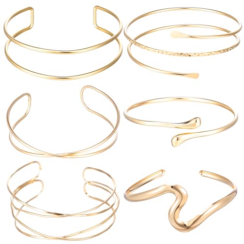 TIESOME 6 Stück Oberarmreif Gold, 8cm Armreif Oberarm Einstellbar Armreifen Gold damen Minimalistischen Boho Punk Swirl Armreif Griechische Coil Armband Set Zarter Geschenk für Mädchen