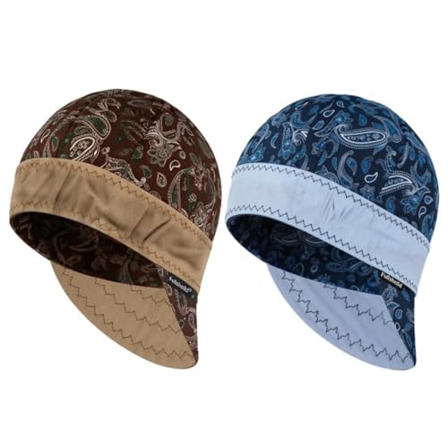 Image of Fullsheild Mens Women's Cotton Welding Cap FR Reversible Welder Caps Hat One Size for Welder Electrician Power Gas Oilfield (US, Alpha, One Size, Paisley Brown&Blue-2pcs)