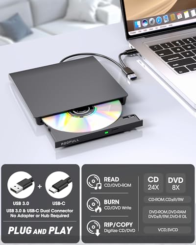 Image of ROOFULL External CD DVD Drive with Extra Power Cable for Laptop, Ultra Slim USB 3.0 Type-C Portable CD DVD Optical Disc Drive Reader Writer Burner Player for PC MacBook Windows 11 /10 /7 Mac Linux OS