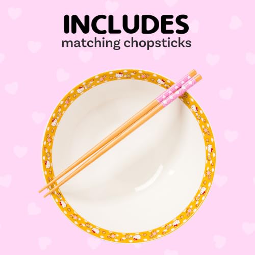 Image of Silver Buffalo Sanrio Hello Kitty Pink, Ramen Bowl with Chopsticks, 30oz | Gold Japanese Pattern with Flowers, Ceramic, Noodle Rice, Microwave Safe, 0.89 Liters