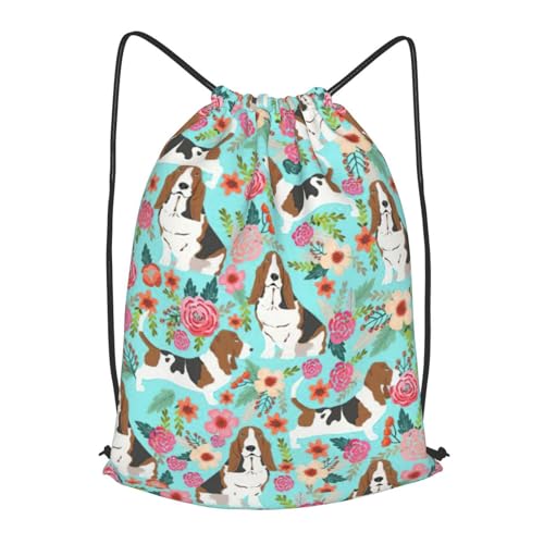 TTIGLHOH Sweet Basset Hound Florals - Mochila con cordón ajustable de poliéster para gimnasio, viajes, Negro, M