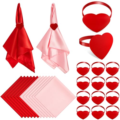 Tiangrid 12 Sets Valentine's Day Red Pink Cloth Napkin Rings Set with Red Pink Heart Napkin Rings Valentine's Day Dinner Wedding Birthday Party Dining Table Decoration(18 x 18 Inch)