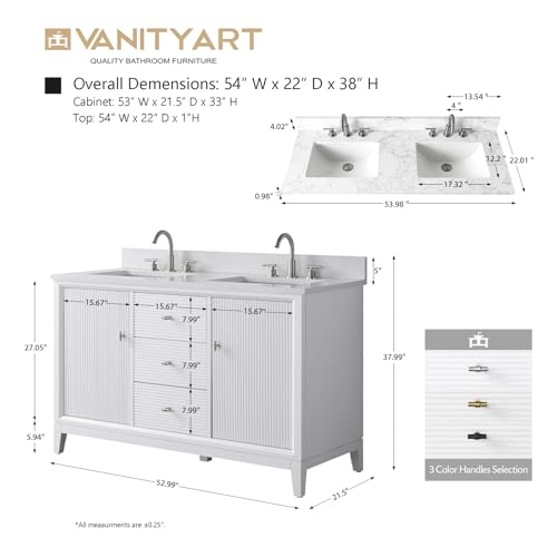 Vanity Art 54\" Bathroom Vanity with Double Sink & Arabescato White Engineered Stone Top, Vanity Cabinet with Soft Closing Door, Solid Wood Frame, Matte Black Handles, White VA8154D-W-MB - Thumbnail 2