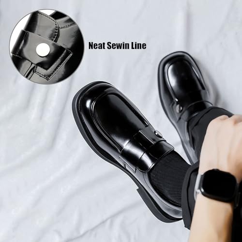 Men's Classic Leather Platform Chunky Heel Loafers Casual Round Toe Slip-On Comfort Soft Sole Formal Dress Penny Shoes for Party Wedding Business Daily Unisex4