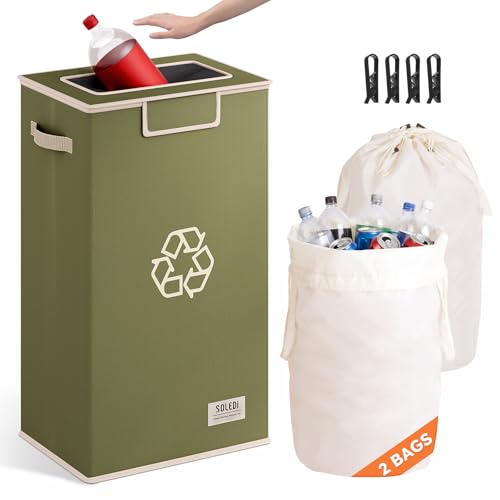 Image of SOLEDI Recycling Bin for Kitchen,26 Gallon Large Recycle Bin with Lid and 2 Removeable Reusable Inner Bags,Indoor Recycling Trash Can for Collector of Bottles Cans, and Plastic,Green