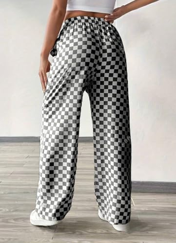 Women's Casual Checkered Pants Drawstring Elastic Waist Comfy Loose Straight Wide Leg Plaid Pants with Pockets4