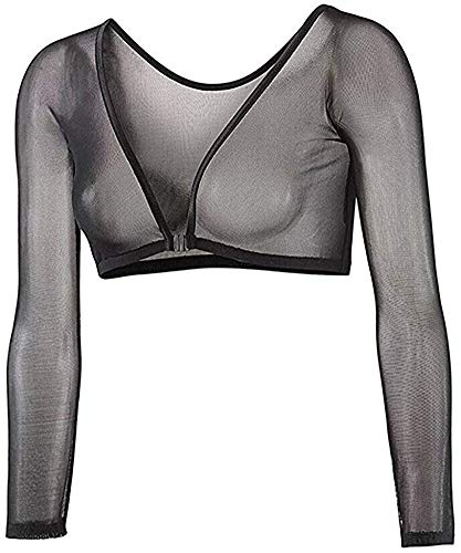 Women Mesh Sheer Crop Top T-Shirt Lingerie Long Sleeve See Through Vest Blouse (Black, XL)