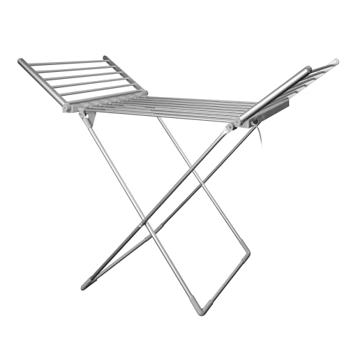 Daewoo HEA1874 faltbarer tragbarer beheizter Wäscheständer 230 W 15 kg maximale Belastung 1 4 m Kabel niedrige Betriebskosten und gefaltete Flügel Weiß Aluminium