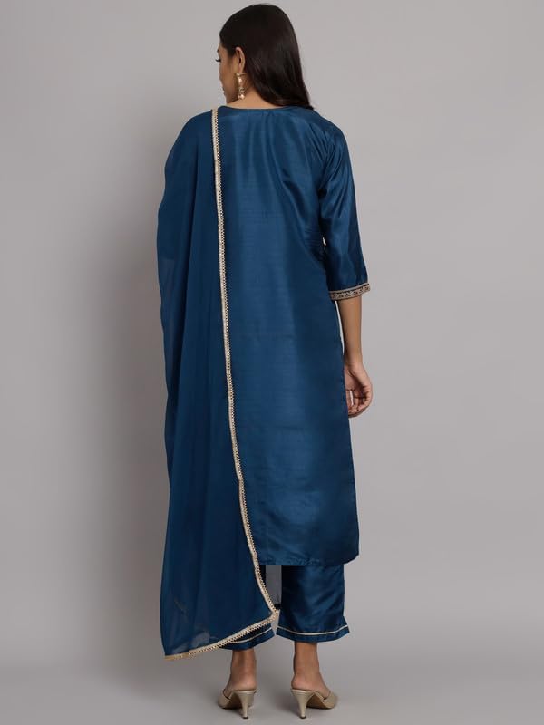 Image of VredeVogel Women's Silk Blend Embroidered Kurta with Pant & Nazneen Dupatta Set