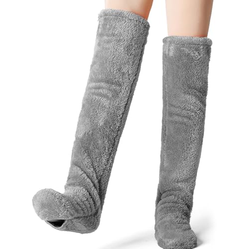 heqxwl Ultra-Soft Over Knee Fuzzy Socks for Men & Women - Plush Warm and Cozy Leg Warmers for Winter Perfect for Home Sleeping or Lounging Open-Toe Design for Versatile Indoor Comfort (Grey)