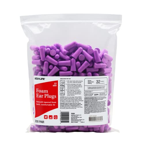 Acu-Life Foam Ear Plugs, 200 Pair For Sleeping, Snoring, Loud Noise, Traveling, Concerts, Construction, & Studying, Nrr 32, Purple #TOP2