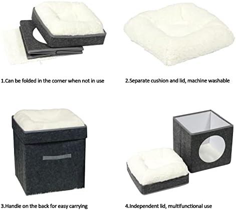 Bonlife Winter Small Cat House Indoor,Foldable Felt Pets Bed Cave Kennel,Cat Condo with Lids,Cat Hideaway Warm Comfortable,Dark Grey,32X32X39CM