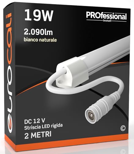 Eurocali Striscia LED 2 metri Rigida con profilo in alluminio 19W 12V 2090 lumen Luce Naturale 4000K - Plug&Play