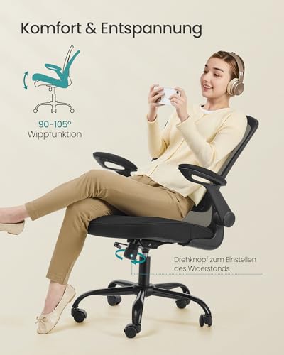 SONGMICS Bürostuhl ergonomisch, Drehstuhl mit Mesh, Lenden- und Kopfstütze, Wippfunktion, 53 cm große Sitzfläche, klappbare Armlehnen, Arbeits- und Schlafzimmer, Studenten, schwarz OBN37BK