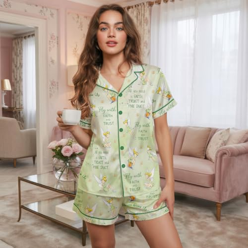 Image of Women 2PCs Satin Pajama Set Short Sleeve Silk Feel Gift Sleepwear | Soft stretch satin; relaxed comfort fit sizes S-3XL for sleep & lounge; short sleeve top, elastic waist shorts; easy care