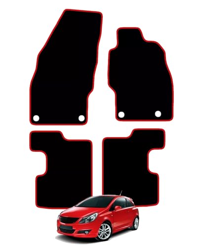 Carsio Carpet Car Mats For Vauxhall Corsa D & E (2006-2019) Tailored Fit Floor Mat Set Complete Accessory Black Custom Fitted - All Weather, Anti-Slip Backing & Red Trim