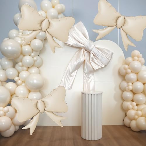 Image of 5pcs White Bow Balloon, Cream White Bows Balloons, Ivory Giant Bow Foil Balloon For Birthday Baby Shower Girls Women Boho Party Wedding Bridal Shower Bachelorette Engagement Graduation Decorations