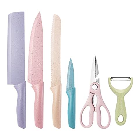 Sumteene Colorful Knife Set, High Carbon Stainless Steel Kitchen Knife Set with Non-Stick Coating and Ergonomic Handle, 6 Pcs Dorm Knife for Dorm,Cooking,Camping,Travel,Gift Box Cover