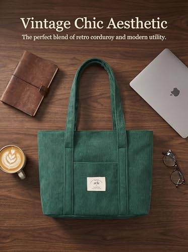 Image of TeeYee Women's Large Corduroy Tote Bag Zippered Shoulder Bag with Pockets | Strawberry Print Bag,Fits 15.6 inch Laptop,Wide Shoulder Straps,Large Capacity,Everyday Tote Bag,Multiple Pockets Design