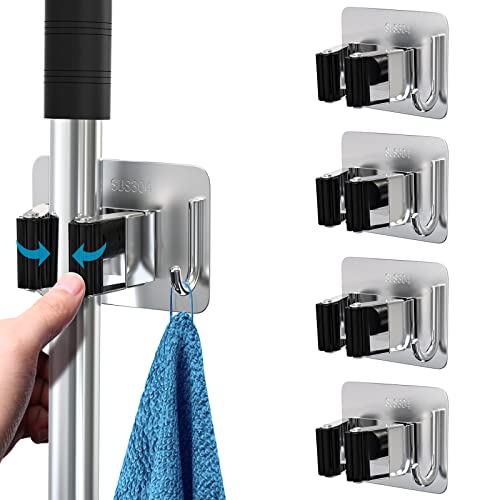Image of homeasy Mop Broom Holder No Drill, Mop Broom Organizer Wall Mounted Heavy Duty with Hooks Hanger, Self Adhesive Stainless Steel 4Pcs for Bathroom, Kitchen, Office (Multicolor)
