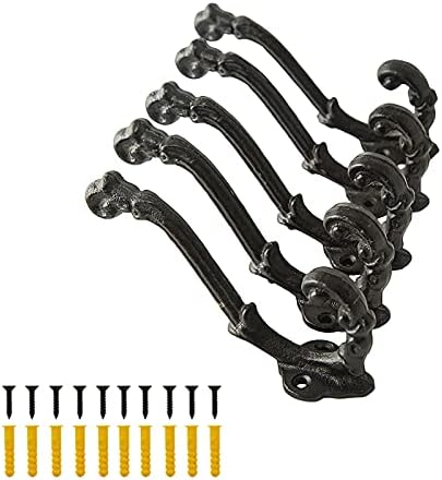 0-moyi 5 Packs Vintage Decorative Hooks Cast Iron Wall Wood Mounted Hooks Sturdy for Farmhouse Coats Bags Hats Towels(Screws Included)
