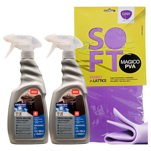 SET PULIZIA: Sgrassatore Spray PIASTRE INDUZIONE Anche Per Vetroceramica. Pulisce a Fondo Con Delicatezza, Senza Graffiare Ed Opacizzare 500ml + Panno SOFT In Lattice (2 Spray+Panno)