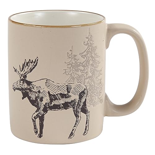 Image of Paseo Road White Pine 16 Piece Ceramic Dinnerware Set, Pine Tree Bear Deer Moose Fox Print, Modern Rustic Cabin Lodge Dish Set with Plates, Bowls, Mugs