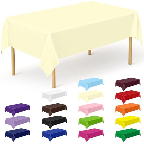 Image of QZYL 12 PCS Ivory Plastic Tablecloths, 54 in x 108 in Dinner Table Cloths, Rectangle Table Cover for Birthday Party Family Gathering Wedding