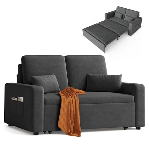 Xbro Sofa mit Schlaffunktion 147x196x87 cm, Schlafsofa 2-Sitzer Ausziehbar mit 4 Rollen, Modernes Veloursstoff Sofabett, Dunkelgrau