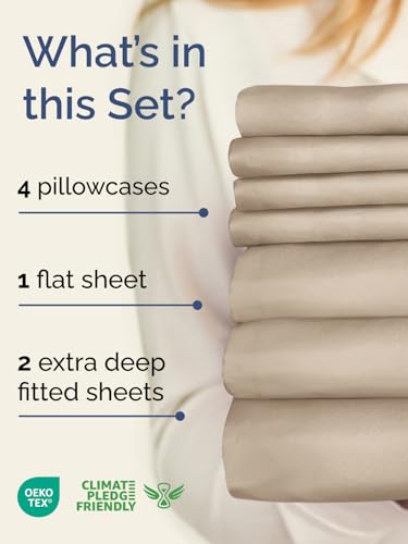 Image of Extra Deep Split King Sheet Set - 7 Piece Breathable Cooling Sheets - Cream | Hotel Luxury Bed Sheets Set, Easy & Secure Fit, Ultra-Soft, Wrinkle & Fade Free, Comfy Sheets Set with Extra Deep Pockets