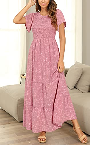 Image of Kranda Women 2025 Summer Fall Crewneck Short Sleeve Smocked Floral Maxi Dress