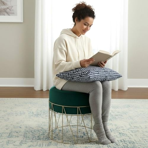 Image of Premium Gold Metal Ottoman Pouffe Stool & Footrest for Living Room & Bedroom | Bottle Green Soft & Classy Mosha Fabric with Linear Frame | 18 inch Height | Luxury Multipurpose Furniture & Home Decor